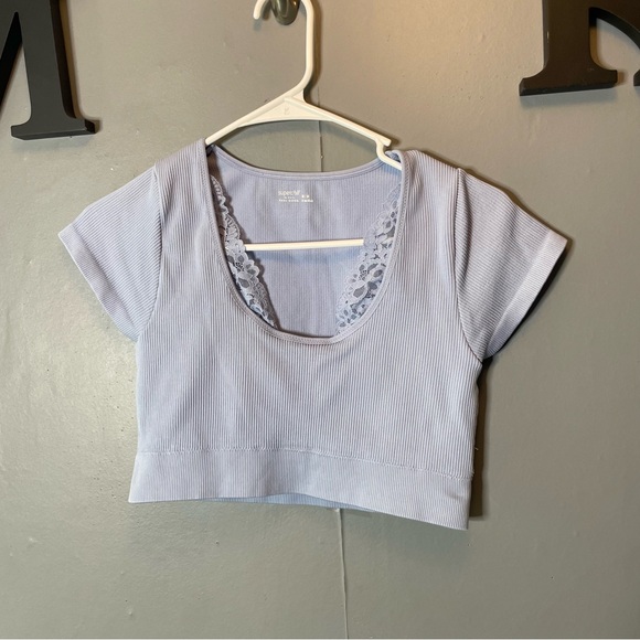 Aerie Offline Light Blue Cropped Compression Top with Lace Detail size medium - Picture 1 of 5